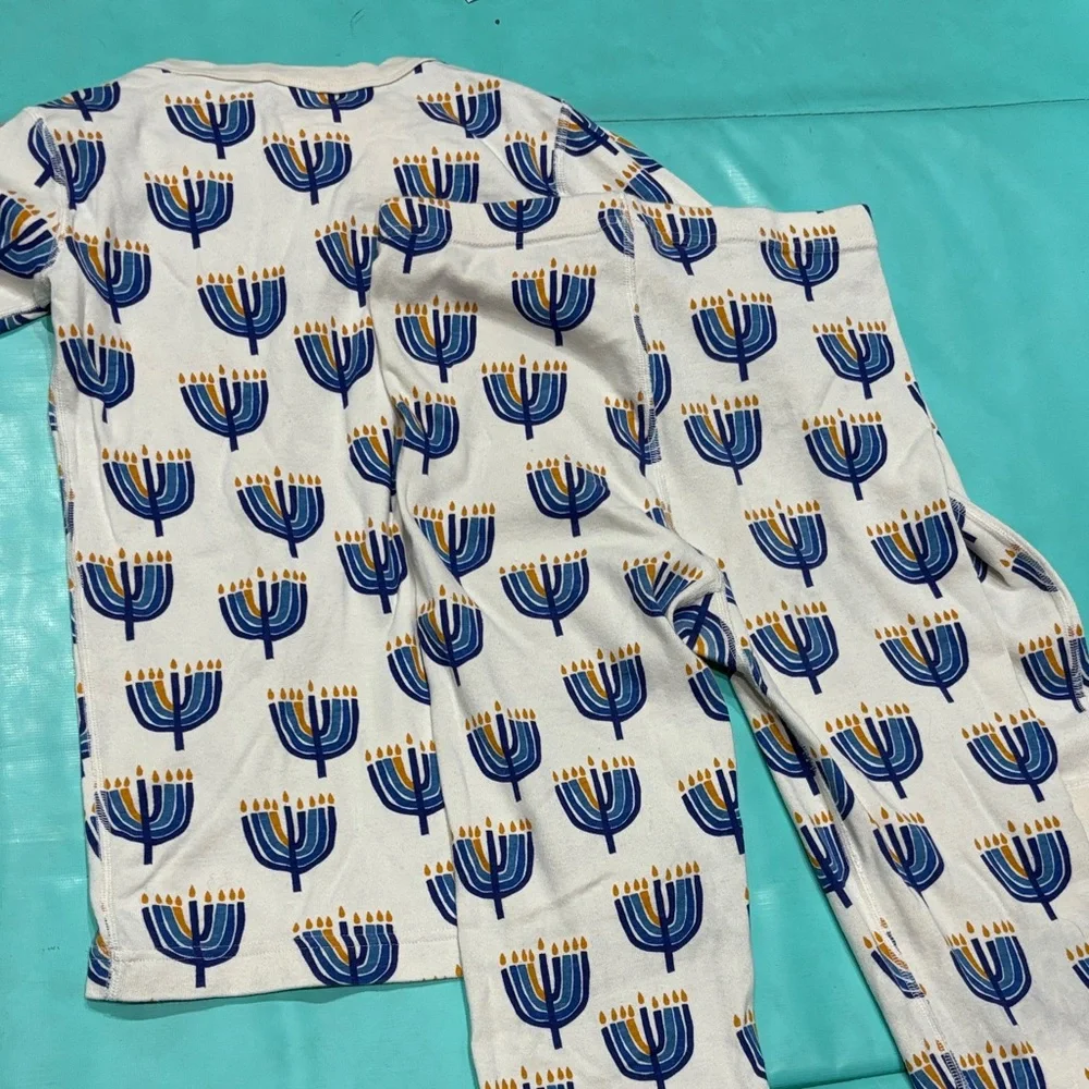 Worn Once- Hanna Andersson Blue and White Menorah Pajama Set for Hanukkah